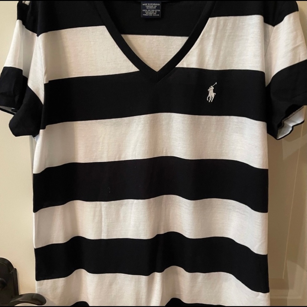 Ralph Lauren V-Neck Stripe Polo Tee Size Large